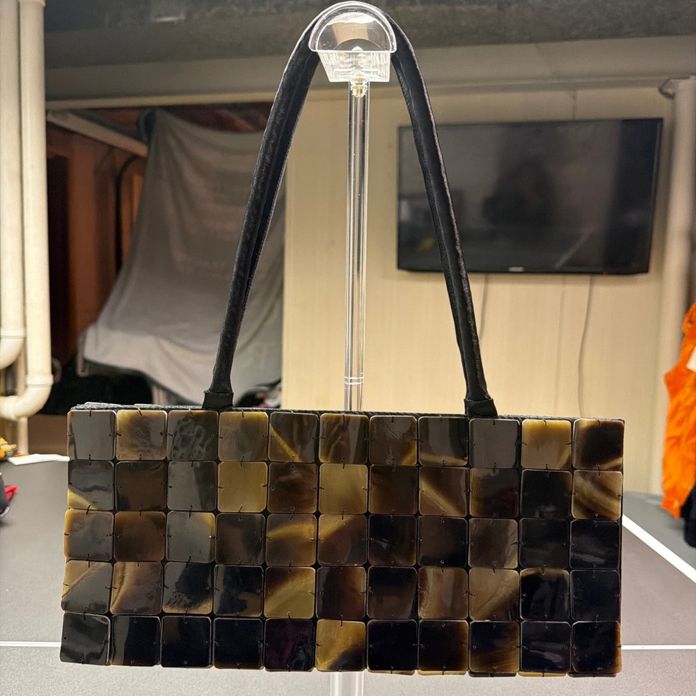 VTG 1970 Lucite Tiled Tiger Eye‎ Tortoise Shell Handbag With Rope Handles